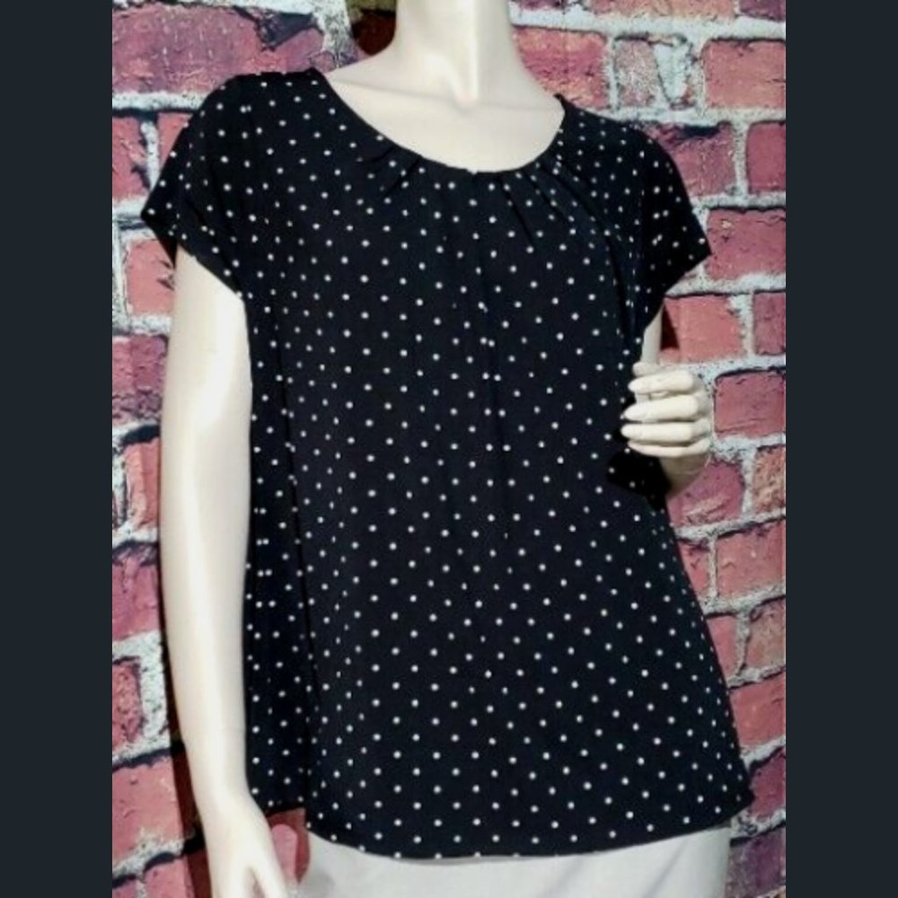 Worthington Black and White Polka Dot Blouse Pleated Neckline Plus Size 1X NWOT